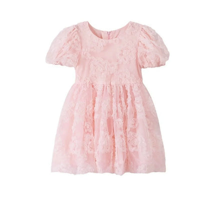 New Summer Teenager Girl Dress Solid Color Short Puff Sleeves Square Collar 3D Flower Sequined Baby Princess Dresses 2025