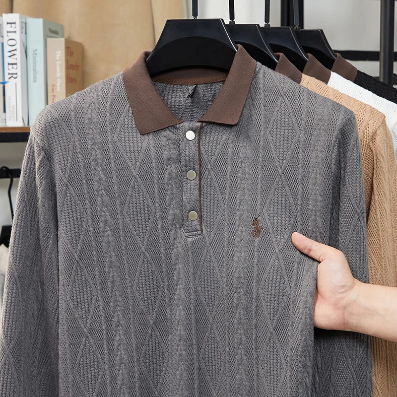 Men's Autumn and Winter Light Luxury 100% Cotton Men's Embroidered Knitted T-shirt Casual Business Sweater Polo Shirt