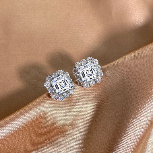 1/2carat Asscher Cut Moissanite Stud Earrings with Certificates Square Halo Diamond Earring for Women 925 Silver Fine Jewelry