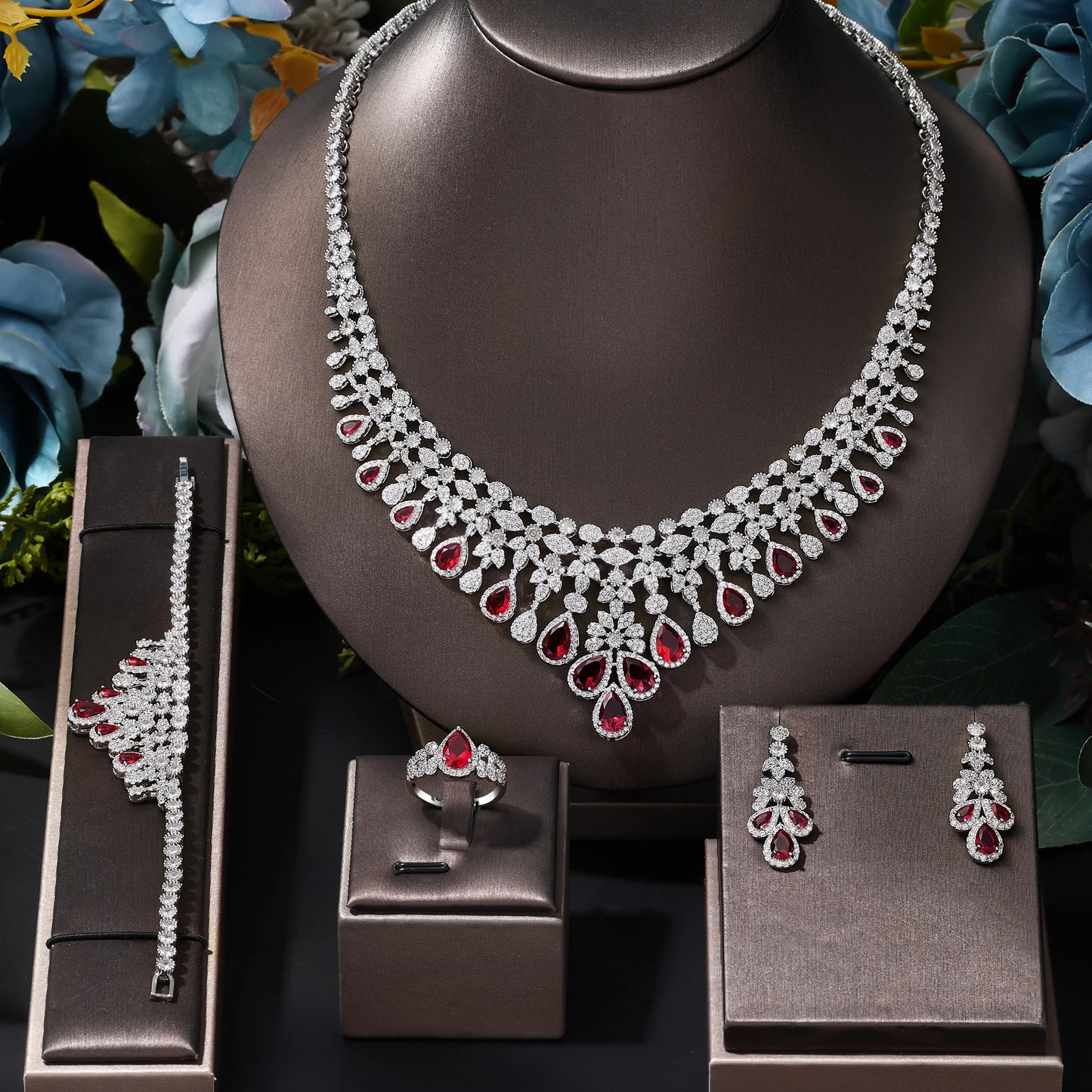 2026 Zircon Super Deluxe Tassel Water Drop Big Wedding Bridal Necklace Earrings 4 Pieces Nigerian Dubai Women's Jewelry Set