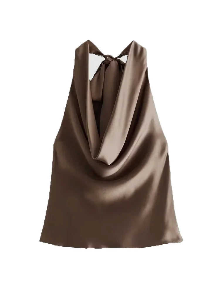 Women's Flowing Draped Halter Neck Tank Tops With Bow Tied, Backless, Sleeveless, Female Camis, Sexy, Fashion