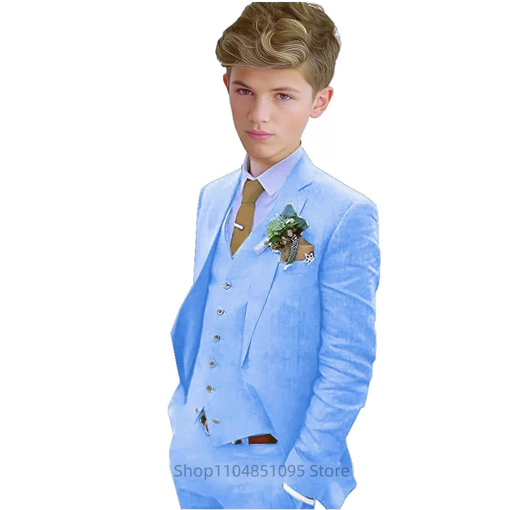 Elegant 3 Pieces Linen Suit for Boy Wedding Dresses Casual Boys Suit Set with Notch Lapel Fitted Blazer Vest Pants Casual Tuxedo