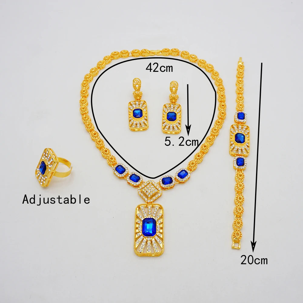 Women Gold Color Jewelry Sets Blue Pendant Necklace Earrings Bracelet Ring Sets Party Gifts