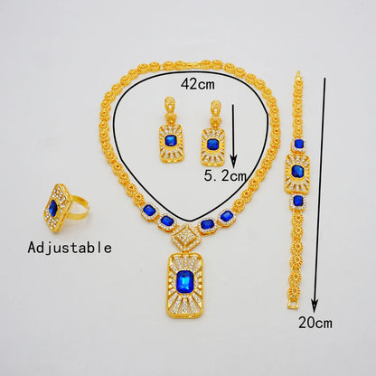 Women Gold Color Jewelry Sets Blue Pendant Necklace Earrings Bracelet Ring Sets Party Gifts