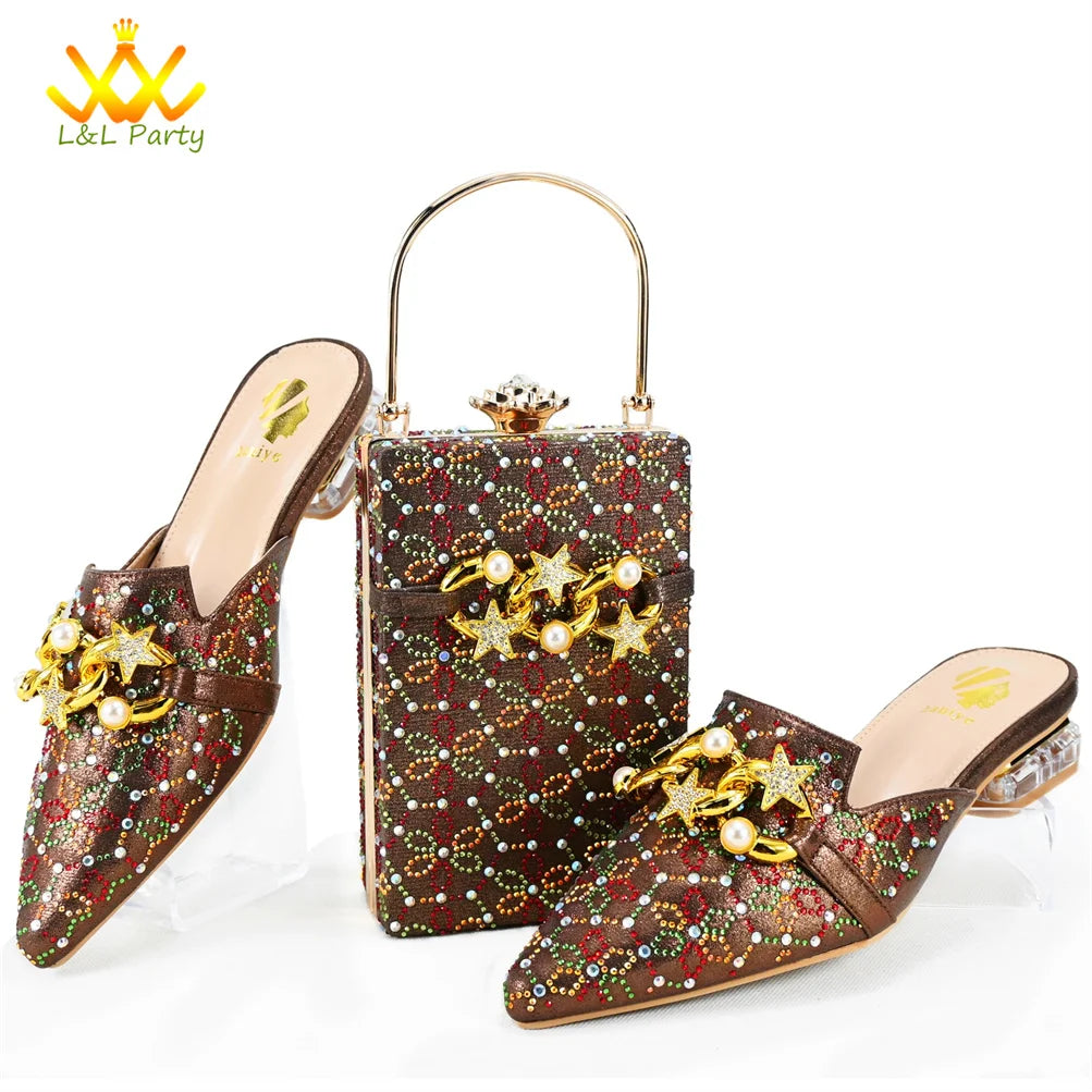 Low Heels Comfortable Sweet Style Italian Design Shoes Matching Bag Set in Orange Color High Quality with Crystal for Dress
