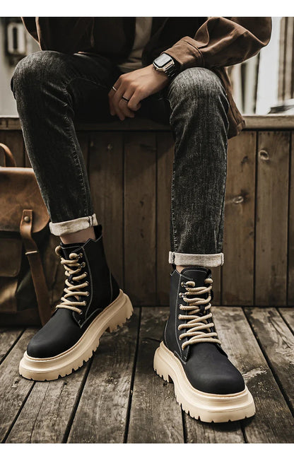 Men's Boots 2024 Autumn Thick Soled Zipper Lace-up Korean Belt Buckle Height Increasing Comfort High Top British Sports Boots