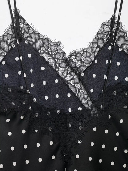 Women 2026 Trend Polka Dot Sling Tops Asymmetric Sleeveless V-Neck Lace Decorative Tops Elegant Fashion Holiday Outfits Camis