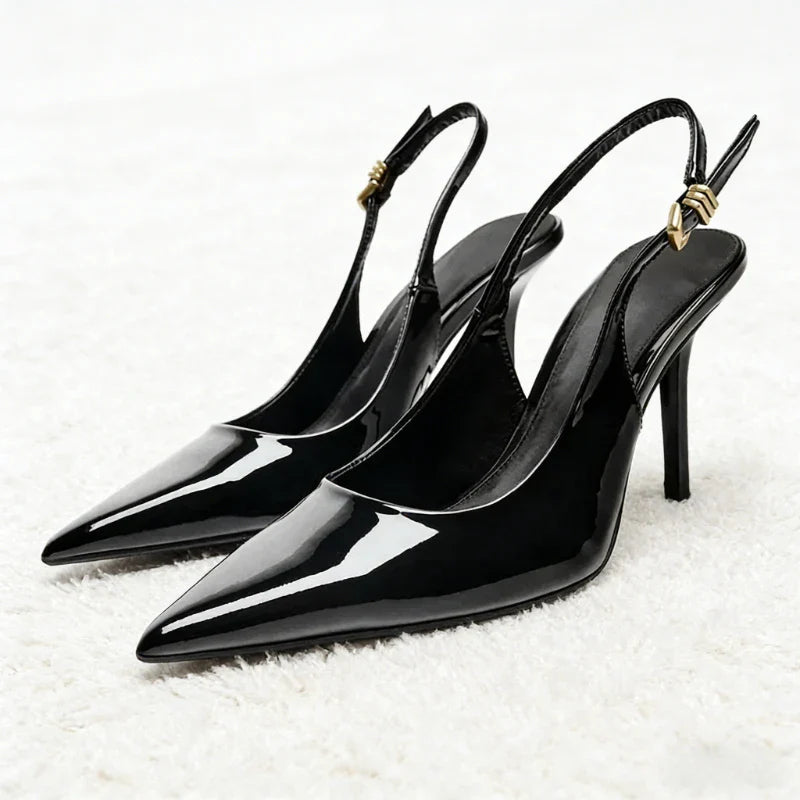 Sexy Black Pointed Toe Patent Leather Pumps Women Luxury Metal Ankle Strap Buckle Brand Designer Shoes Cozy Commuter Office Shoe