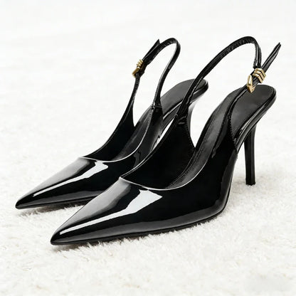 Sexy Black Pointed Toe Patent Leather Pumps Women Luxury Metal Ankle Strap Buckle Brand Designer Shoes Cozy Commuter Office Shoe