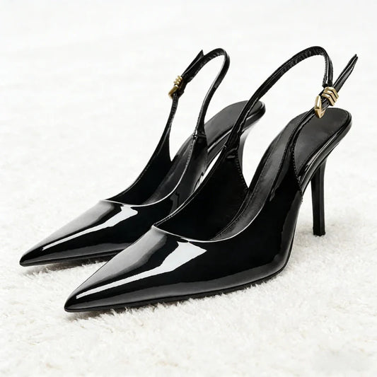 Sexy Black Pointed Toe Patent Leather Pumps Women Luxury Metal Ankle Strap Buckle Brand Designer Shoes Cozy Commuter Office Shoe