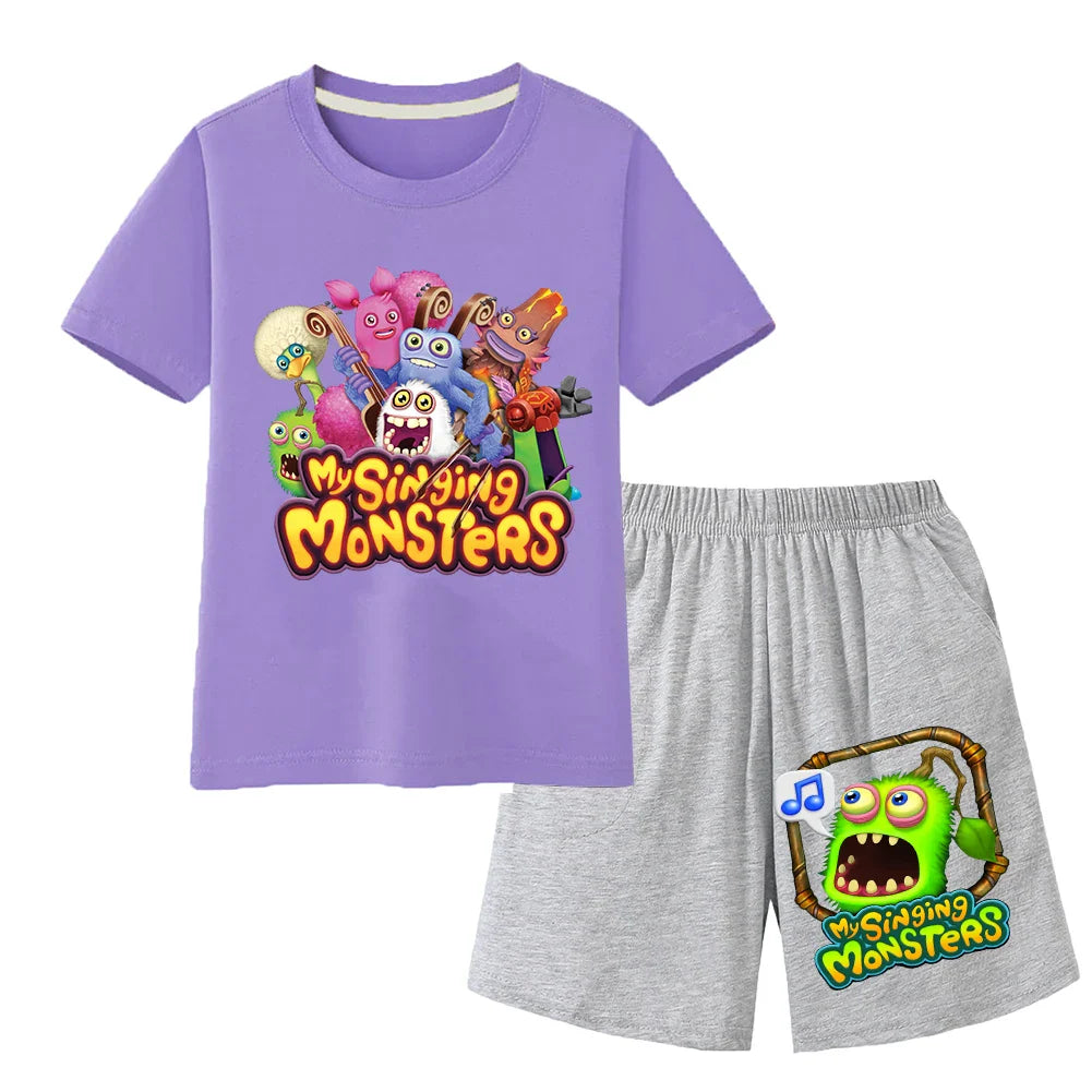 Summer Kids Cartoon Print Sport Clothing Suit Monsters Boys Casual Outfits Children Breathable T Shirt Pocket Shorts 2 Piece Set