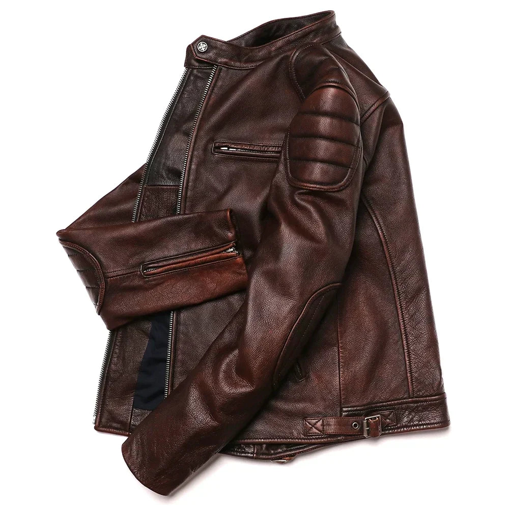 2025 Vintage Brown Genuine Leather Jacket Real Natural Cowhide Men Motorcycle Biker Coat Mens Slim Calf Skin Coat