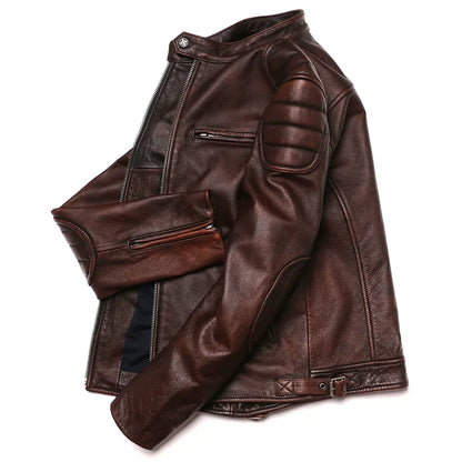 2025 Vintage Brown Genuine Leather Jacket Real Natural Cowhide Men Motorcycle Biker Coat Mens Slim Calf Skin Coat