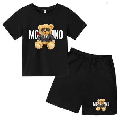 Boys Girls Summer Casual 2Pcs Set Lovely Bear Letter Print T-shirt & Shorts Comfortable Sports Running Suit