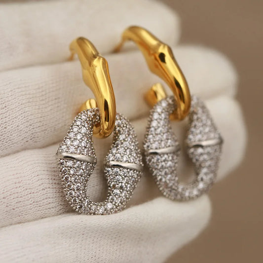 Classic 316L Stainless Steel Metal Full Crystal  Stud Earrings for Women Fashion Brand Jewelry Vintage Hollow Geometric Earrings