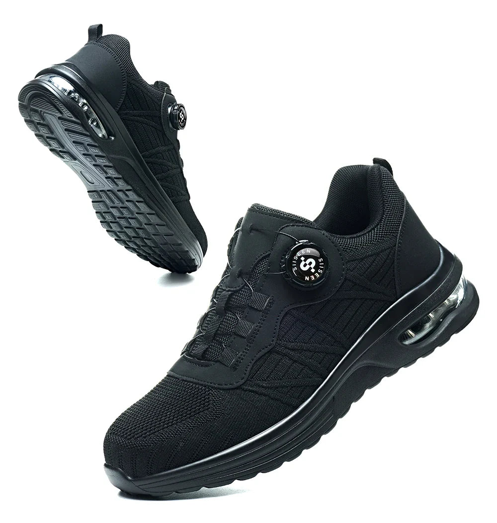 Men's Safety Shoes Steel Toe Anti- Crush Puncture Resistant Kevlar Pure Black Button Air Cushion Lightweight Work Shoes