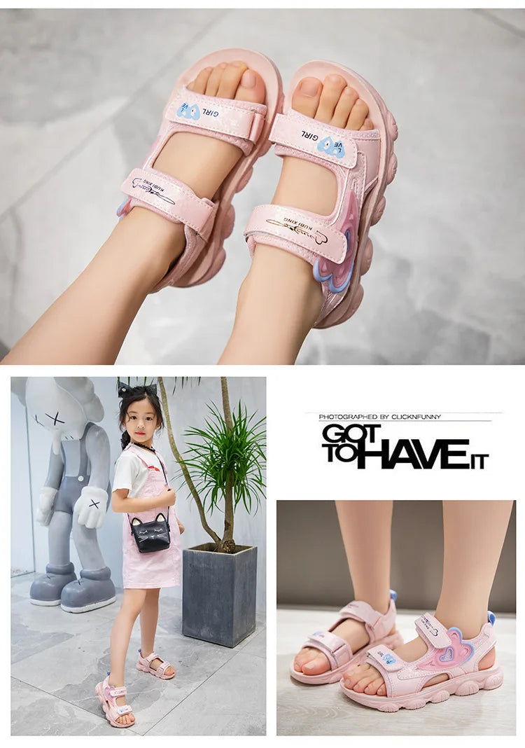 2026 New Summer Girls Sports Sandals Love Heart Decor Soft Non-Slip Beach Sandals For 3-12 Years Old Kids