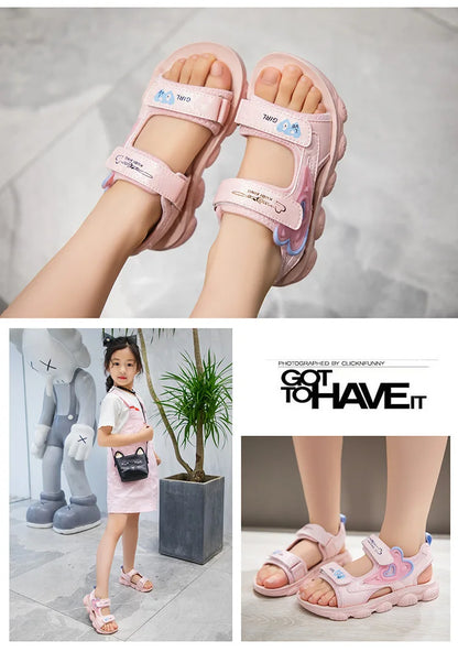 2026 New Summer Girls Sports Sandals Love Heart Decor Soft Non-Slip Beach Sandals For 3-12 Years Old Kids