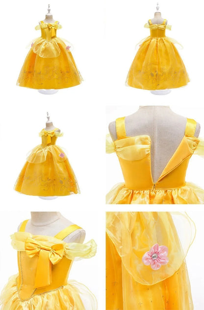 Girl Princess Dress Beauty And Beast Cosplay Costume Belle Praty Yellow Luxury Wedding Ball Gown Kid Carvinal Fancy Clothes