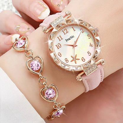 6PCS/Set Fashion Flowers Dial Women's Quartz Watch Leather Band Watches Rhinestone Jewelry Set（Without Box）
