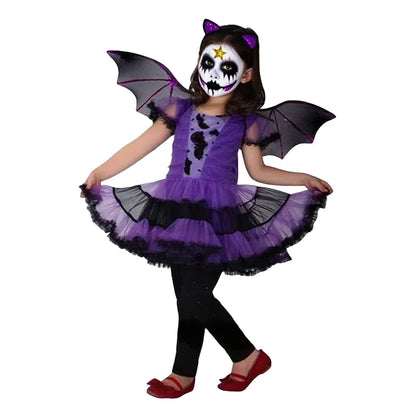 Halloween Costume for Kids Girls Purple Bat Dress Halloween Fantasy Vampire Costume Witch Cosplay Clothes Carnival Party Gifts