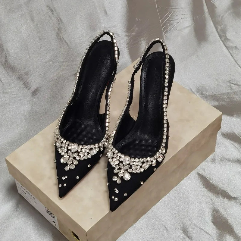 Luxury Diamonds Designer High Heels Women Satin Pointy Toe Pumps Rhinestone Sandals Female Shiny Sexy Wedding Dress Party Shoes