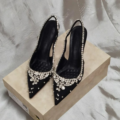Luxury Diamonds Designer High Heels Women Satin Pointy Toe Pumps Rhinestone Sandals Female Shiny Sexy Wedding Dress Party Shoes