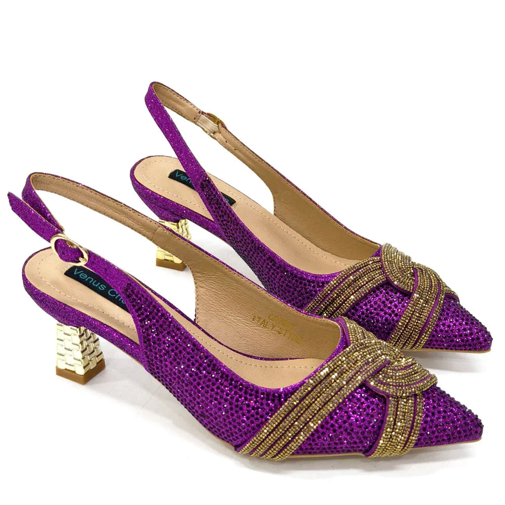 Special Design High Quality Orange Color African Women Shoes and Bag Set with Shinning Crystal for Wedding Party