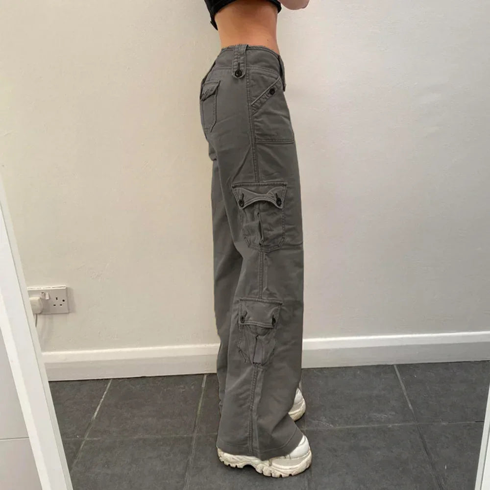 Calça Cargo Feminina Jeans Reta Casual Street Retrô