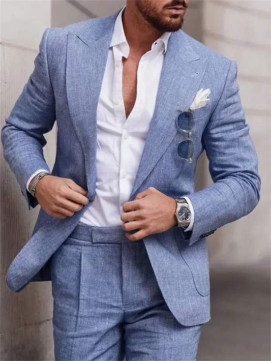 2 Piece Fashion Linen Suits for Men Chic Peak Lapel Double One Button Male Suit Slim Fit Business Casual Wedding Tuxedo Costume