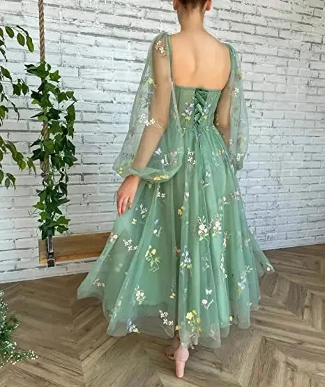 Green Sweetheart Embroidery Prom Dress Women A Line Tea-LengthTulle Puff Sleeves Floral Corset Midi Formal Evening Party Gowns