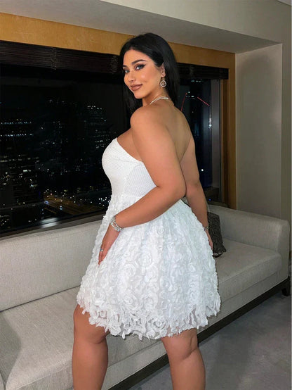 Plus Size 2025 Summer New Models Elegant Three-Dimensional Flowers Flowers Net Yarn Patchwork Corset Dress Polyester Material