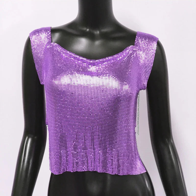Women Metal Sequins Crop Tops Sexy Hollow Out Sleeveless Backless Y2k Tank Tops Nightclub Party Rave Festival Camisole 2023 New