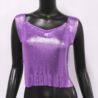 Women Metal Sequins Crop Tops Sexy Hollow Out Sleeveless Backless Y2k Tank Tops Nightclub Party Rave Festival Camisole 2023 New