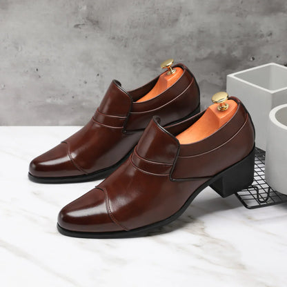 Premium leather men shoes slip on loafers European brand business casual wedding party plaid design height increasing