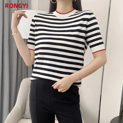 Summer Women's O-Neck Striped 100% Cotton Short Sleeve T-Shirt With Loose Pullover Casual Knit Top High Quality 5 Sizes