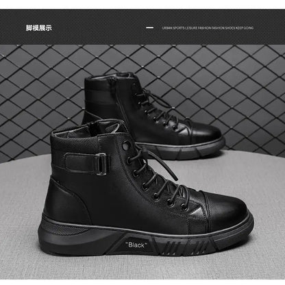 Ankle Boots Black PU Leather Men's Sports Shoes Autumn Winter Comfortable High-top Casual Fashion Platform Boots Man Round Head