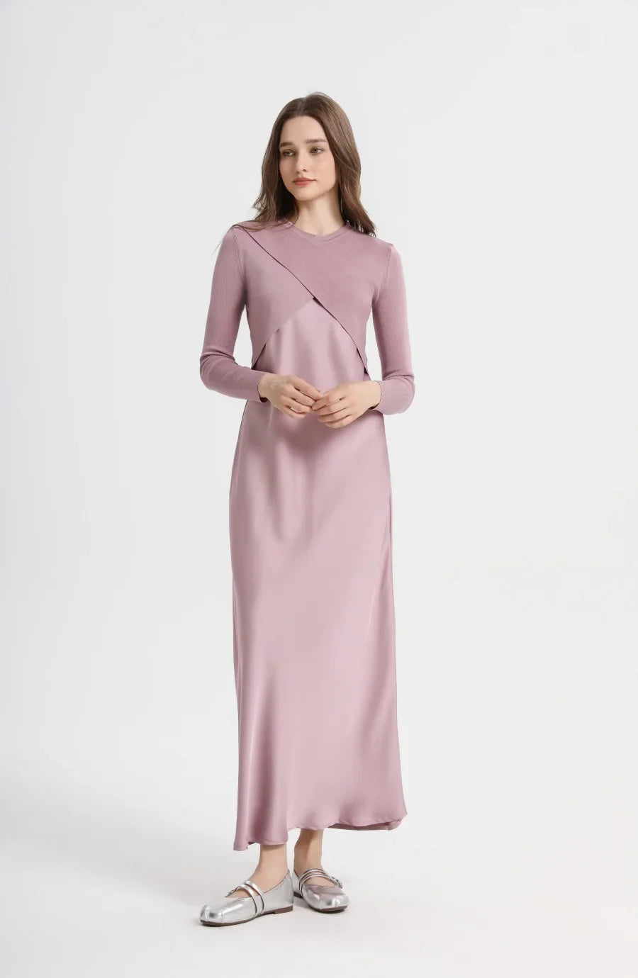spring summer elegance satin dress + knitted top match set maxi floor length woman clothes
