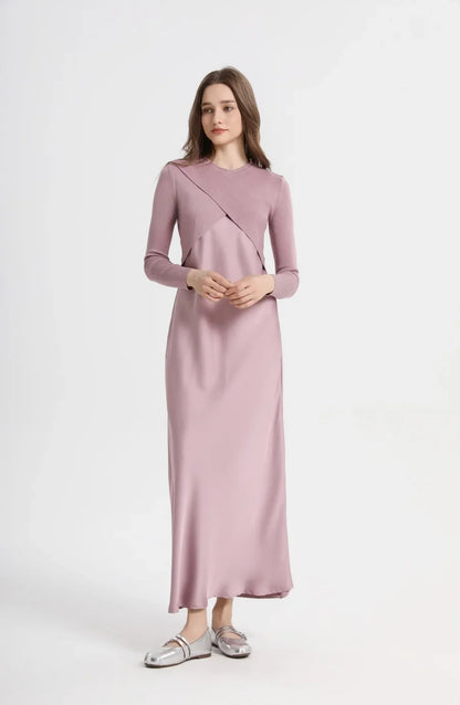 spring summer elegance satin dress + knitted top match set maxi floor length woman clothes