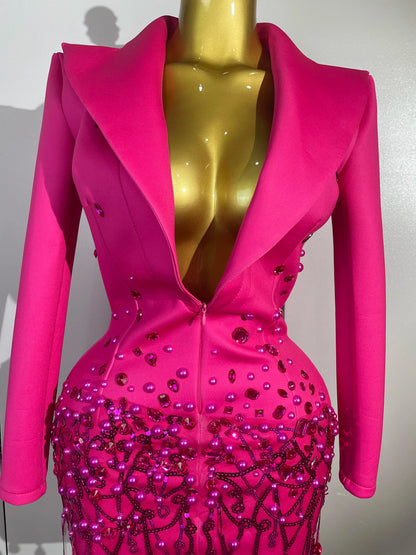Crystal Chains Pearls Long Sleeve Mini Dress 2025 Women Birthday Evening Party Nightclub Outfit Singer Wedding Costume
