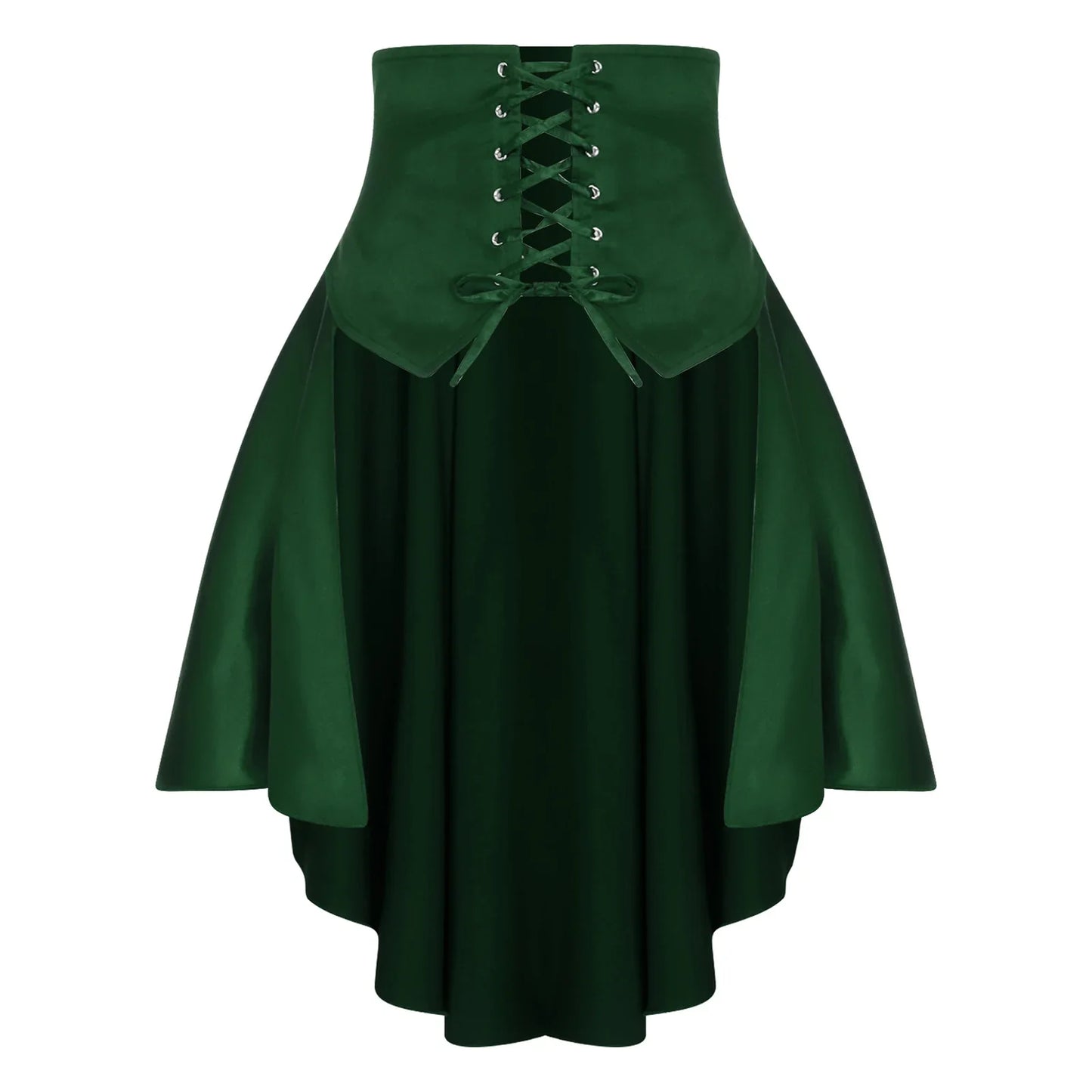 Womens Gothic Steampunk Satiny Pirate Skirt Front Lace-up Tiered Ruffled Irregular Hem Skirt Waist Belt Vintage Medieval Costume