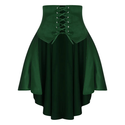 Womens Gothic Steampunk Satiny Pirate Skirt Front Lace-up Tiered Ruffled Irregular Hem Skirt Waist Belt Vintage Medieval Costume