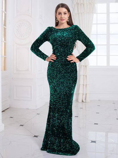 Vestido de Festa Formal Azul Royal Feminino Elegante Manga Longa Veludo Elástico Paetê Sereia Vestido de Noiva 2025
