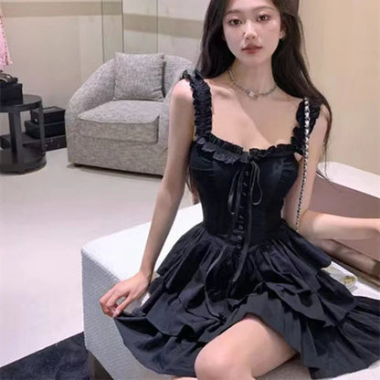 Gothic Black Sexy Slip Dress Y2K Harajuku Streetwear Punk Lace Up Cake Dress Female Summer Korean Fashion Party Ruffles Dresses