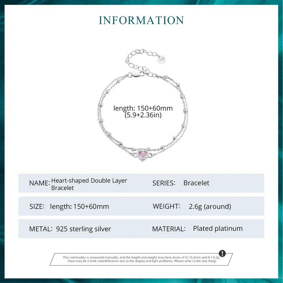 925 Sterling Silver Double Layer Bracelet Pink Heart Adjustable Round Beads Chain Link for Women Valentine's Day Gift