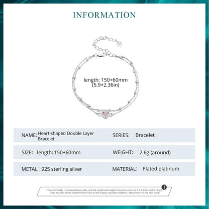 925 Sterling Silver Double Layer Bracelet Pink Heart Adjustable Round Beads Chain Link for Women Valentine's Day Gift