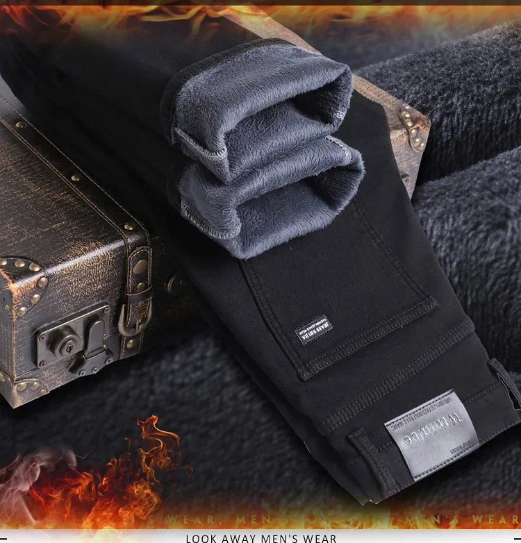 Men New Winter Classics Fleece Thick Warm Jeans Men's Loose Straight Elastic Denim Pants Casual Plush Trousers Large Size 28-40