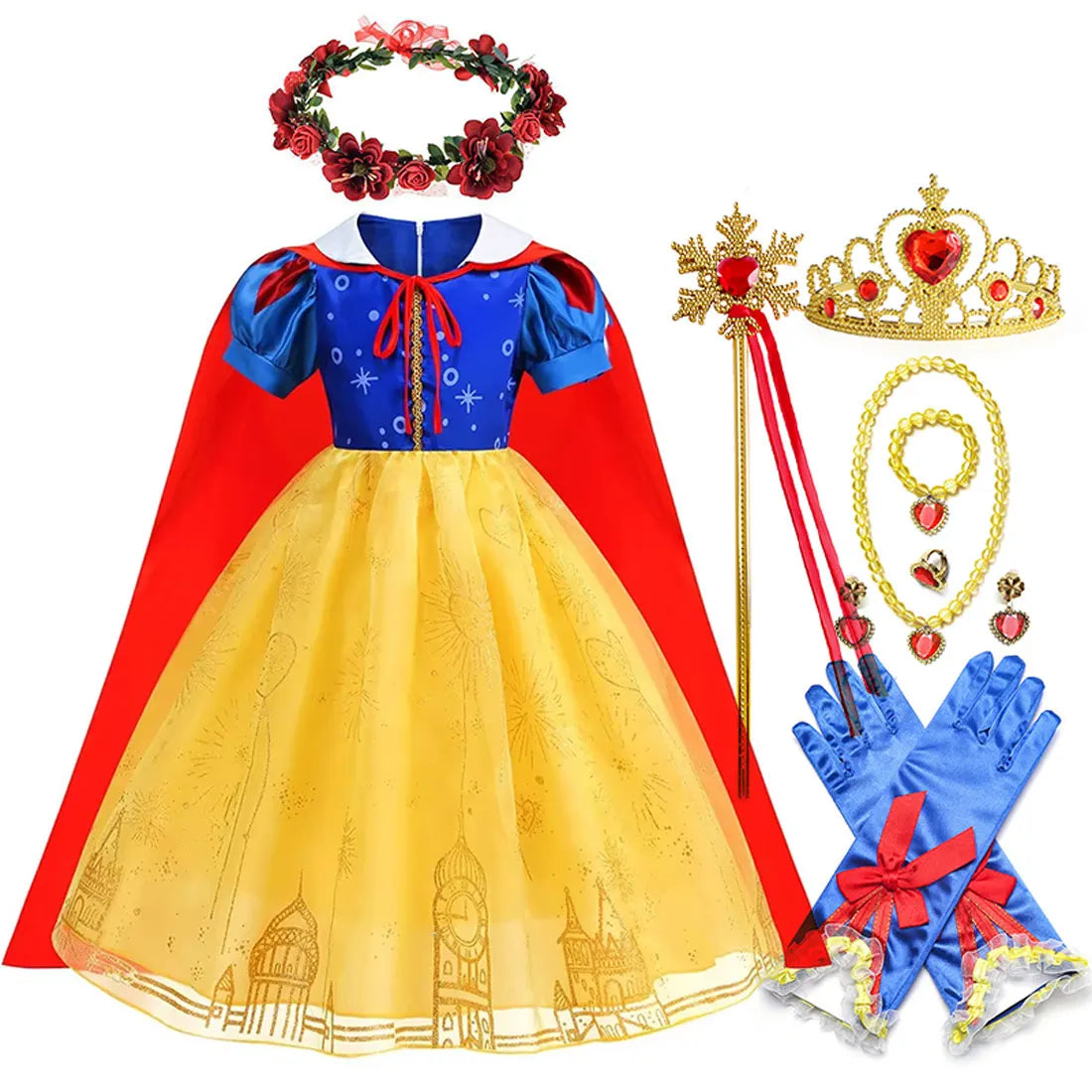 Vestido Laranja Disney Princesa Cosplay de Manga Curta Fofo com Renda para Meninas + Capa + Conjunto de Acessórios Presente de Aniversário