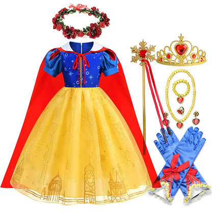 Vestido Laranja Disney Princesa Cosplay de Manga Curta Fofo com Renda para Meninas + Capa + Conjunto de Acessórios Presente de Aniversário