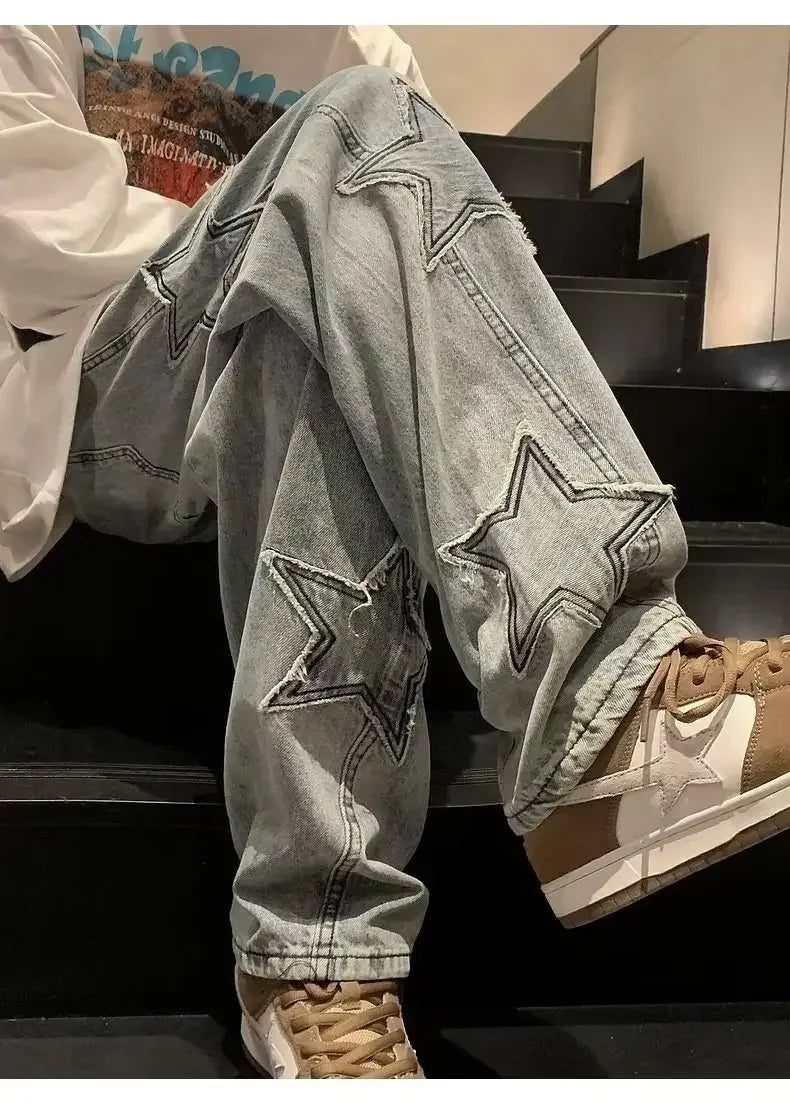 Star Embroidered Straight Casual Men's Jeans Y2K Gothic Unisex New Wide-leg Loose, Comfortable Fashionable Youth Street Jeans